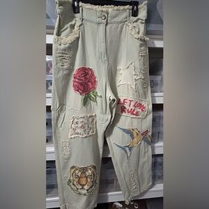 A Rare Bird Patchwork Light Denim Pants with Rose & Swallow & Tiger